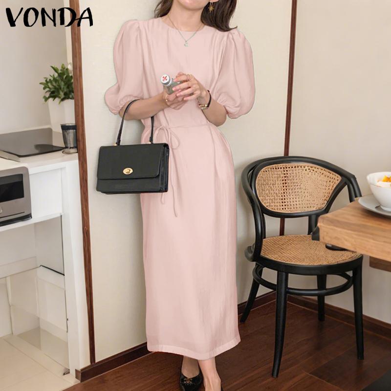 VONDA Damska Okrągły Dekolt Krótki Rękaw Jednolity Casualowa Długa Elegancka Sukienka