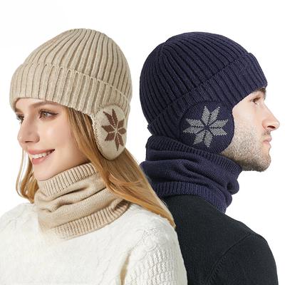 Knitted Hat Scarf Two-piece Set for Men and Women Big Head Thick Winter Snowflake Earmuffs Warm Hat