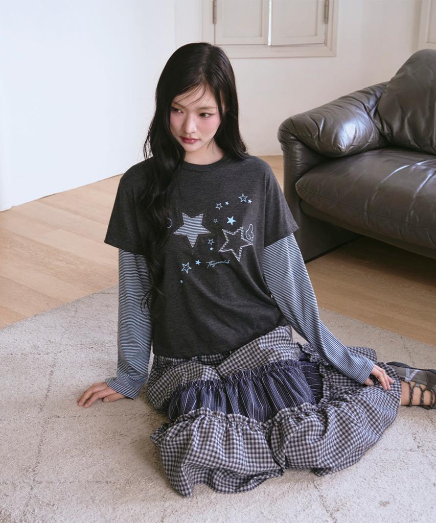 THE GREEN LAB Star Patch St Layered T-Shirt [Charcoal Gray]