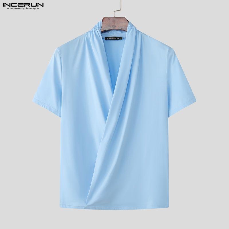 INCERUN Sommerliche Herren-T-Shirts mit V-Ausschnitt, kurzen Ärmeln und gekreuzter Vorderseite