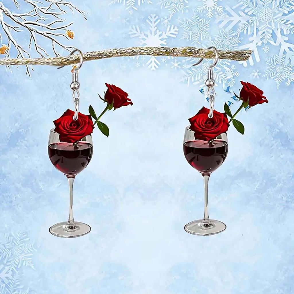 Red Rose Wine Glass Earrings Creative Fashion Earrings