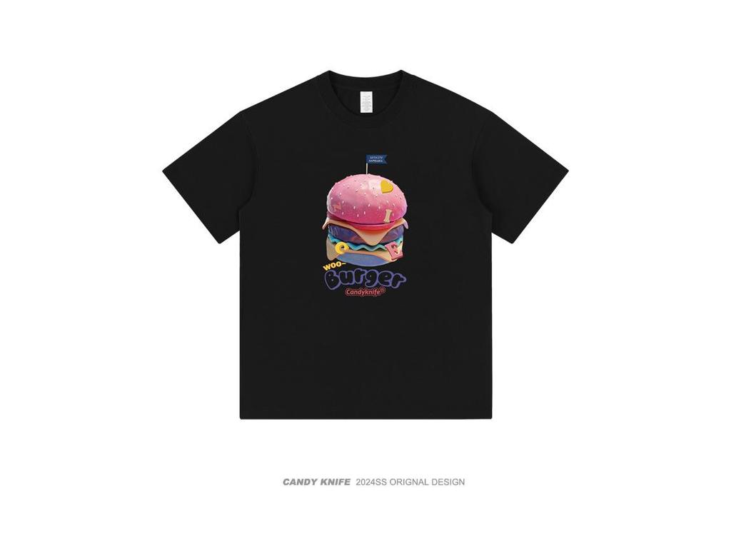 Retro Hamburger Print Short Sleeve T-Shirt for Couples - Trendy, Loose Fit for Men & Women