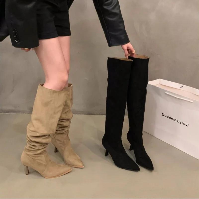 2024 Winter Street Style Round Toe Knee-High Women Boots Punk Thin High Heels Shoes Female Long Booties Zapatos De Mujer
