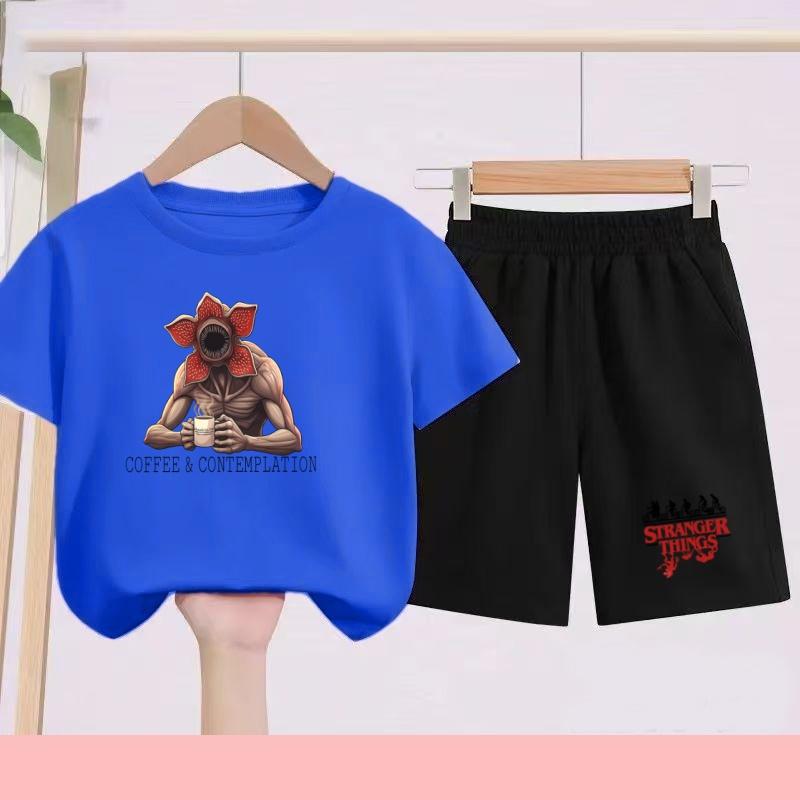 Children's Summer Set with Cartoon Monster Patterns - Boys' and Girls' Sports T-shirts and Casual Short-sleeved Shorts Sets