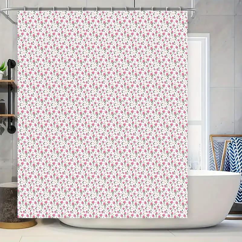

Delightful Floral Bath Shower Curtain Pink Rose Green Leaf Design For Bathroom Decor Washable Fabric Home Decoration With Rings W60H190(CM)-1 Pcs