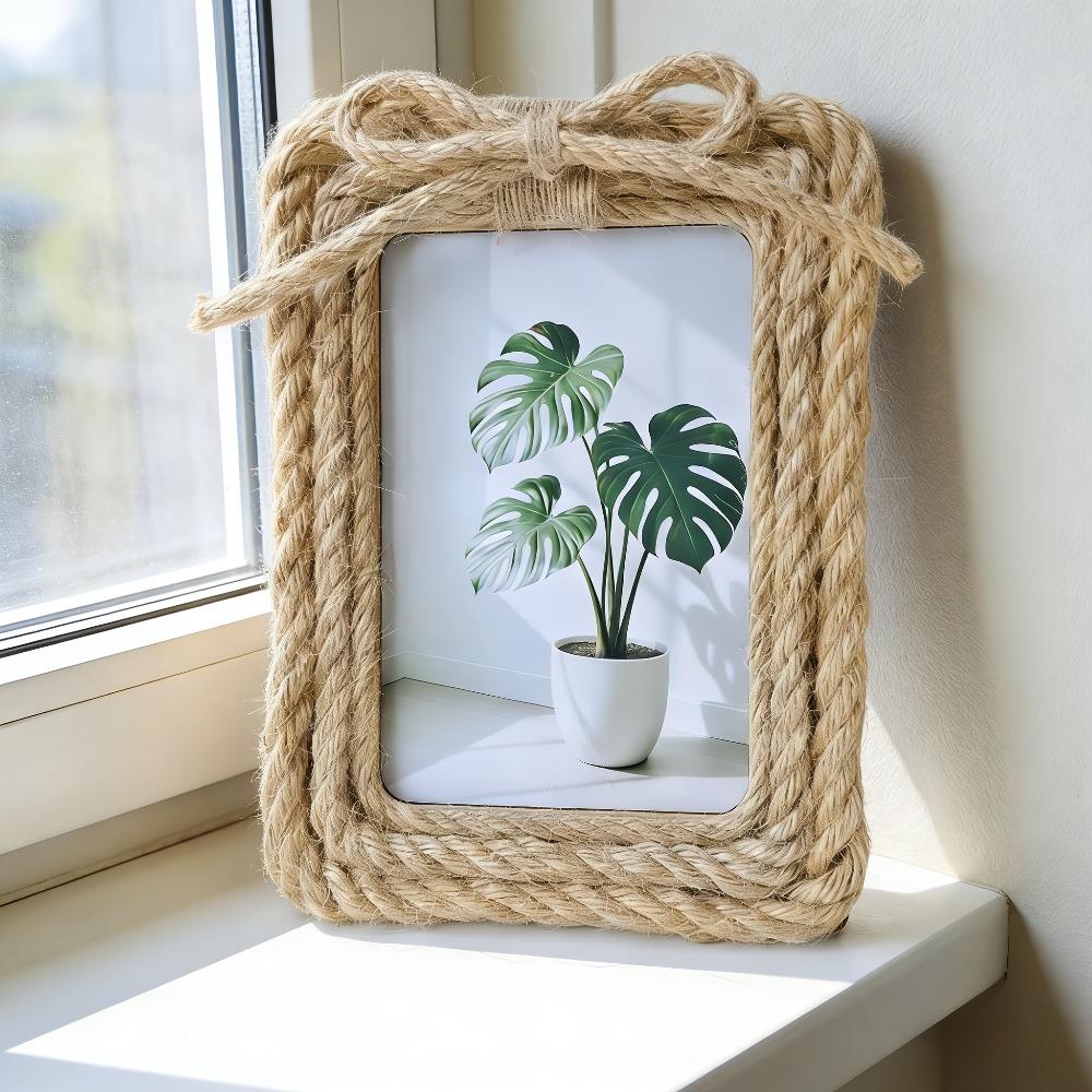 Boho 5x7 Picture Frame Natural Boho Rattan Photo Frame with Paper Rope for Wall & Tabletop Display Gift for Mom Grandma Friends