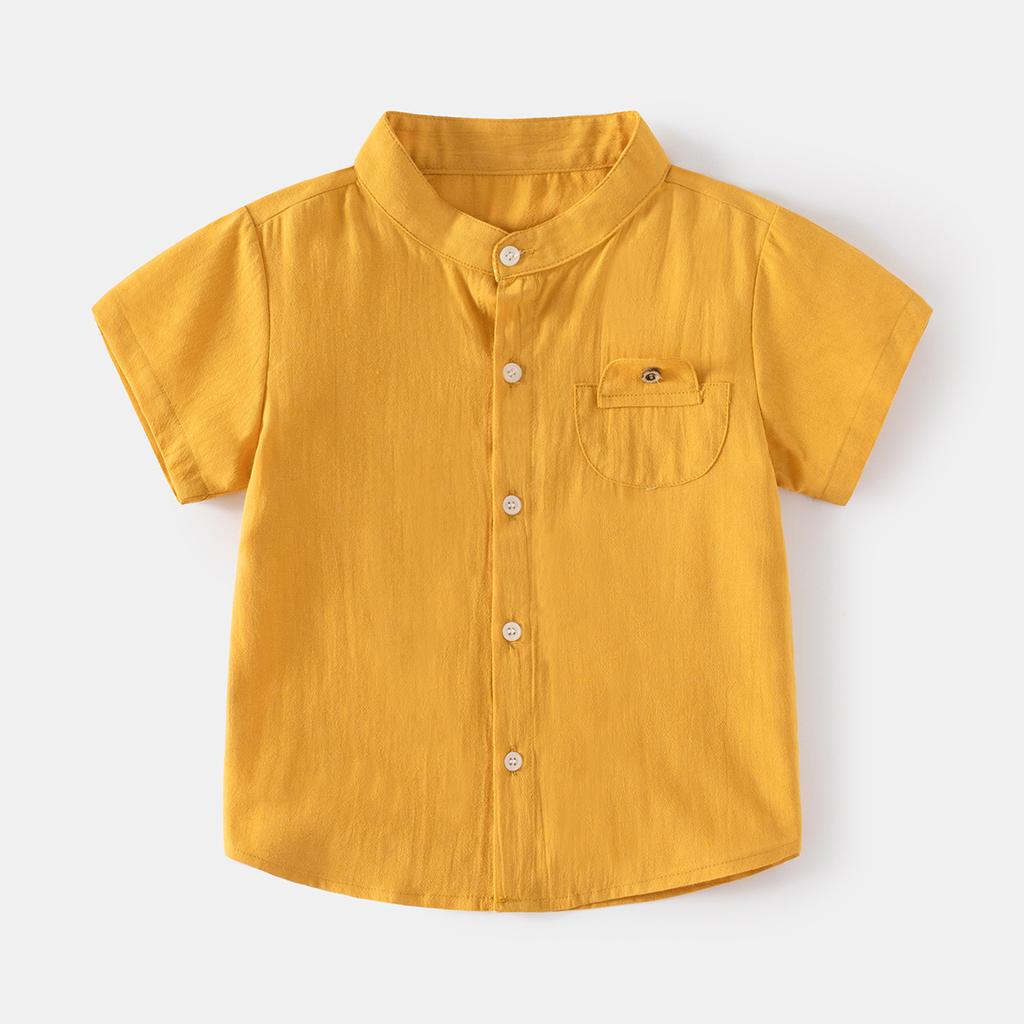 Boys Stand Collar Shirt Short Sleeve Cotton Casual Outdoor Sports Top Soft Comfortable Clothing for Toddler and Kids