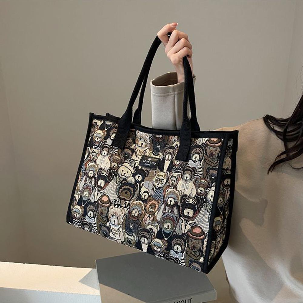Convenient Portable Handbag Cartoon Bear Embroidered Casual Shoulder Bag Large Capacity Tote Bag чёрный