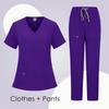 Women's Short Sleeved Solid Color V-Neck Pocket Top Pants Work Clothes Two Piece Set
