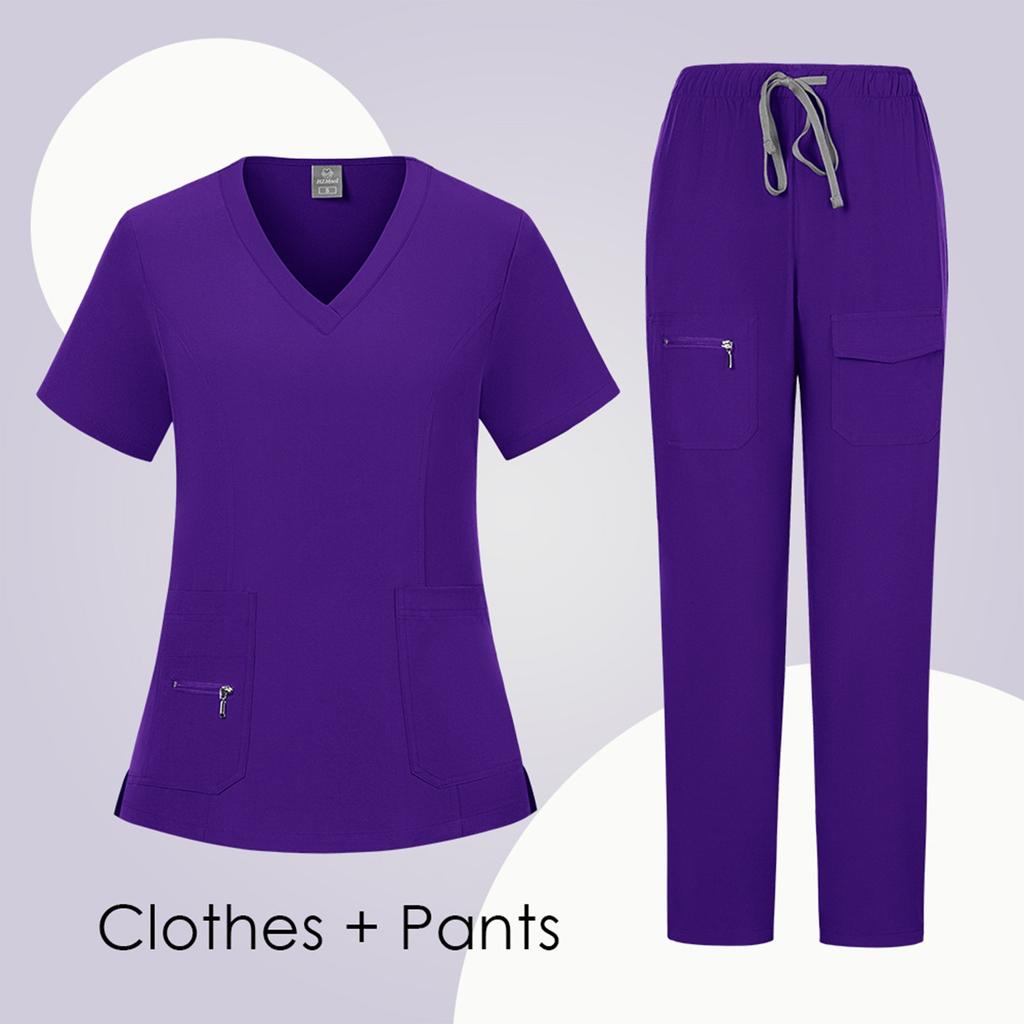 Women's Short Sleeved Solid Color V-Neck Pocket Top Pants Work Clothes Two Piece Set
