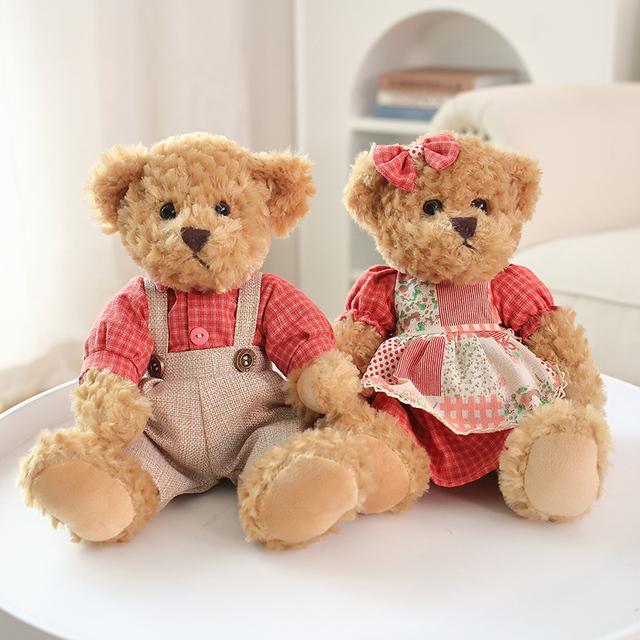 A Pair 26cm Cute Couple Teddy Bear with Cloth Plush Toys Stuffed Dolls Toy Kids Baby Girls Children Girl Birthday Christmas Gift