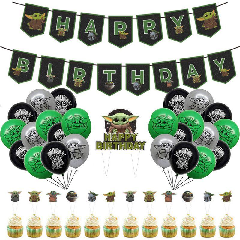 Whimsical Baby Yoda Star Wars Kids Birthday Party Decor Featuring Colorful Cake Toppers And Balloons