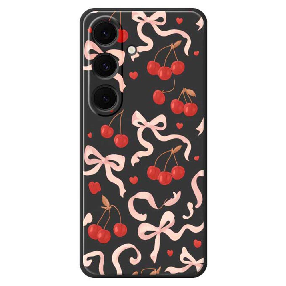 

For Samsung Galaxy S25+ Case Big Bow Cherry Pattern Printing Straight Edge TPU Phone Back Cover Black