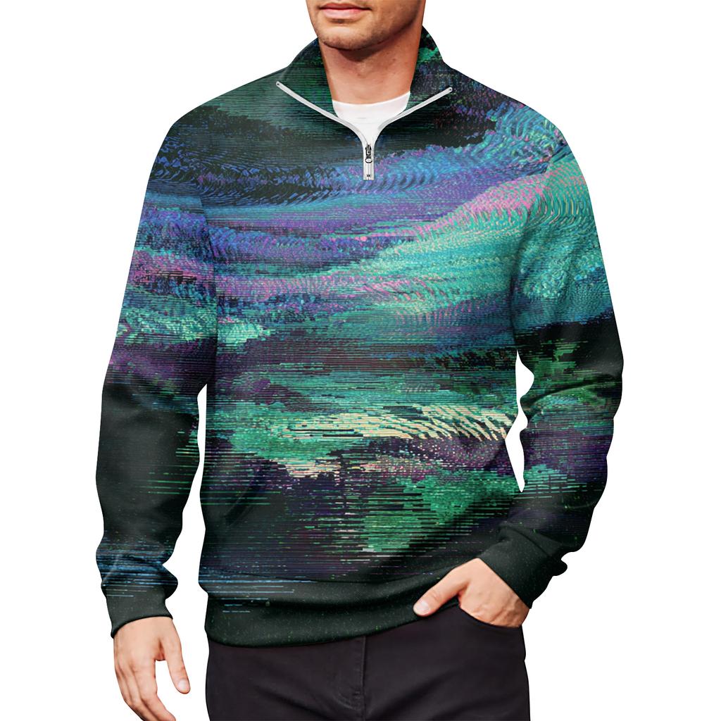 Men's Loose Casual 1/4 Zip Sweatshirt Fashion Printed Long Sleeve Top With Pockets