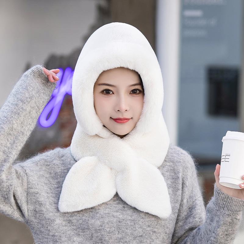 Women's Fleece Lined Thickened Hat Scarf Integrated for Autumn Winter Cold Protection Ear Protection Cycling Hat Plush Warm Neck Warmer