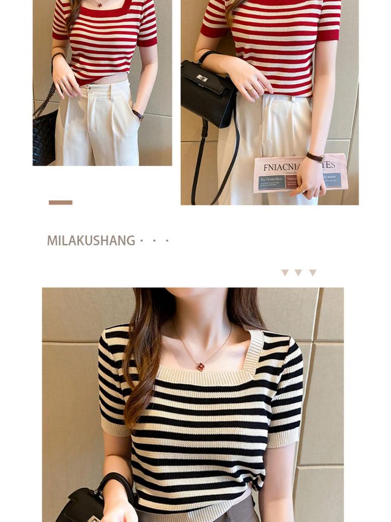 2025 Summer Women's Slim Fit Short Sleeve Striped Ice Silk Knit Top with Square Neck