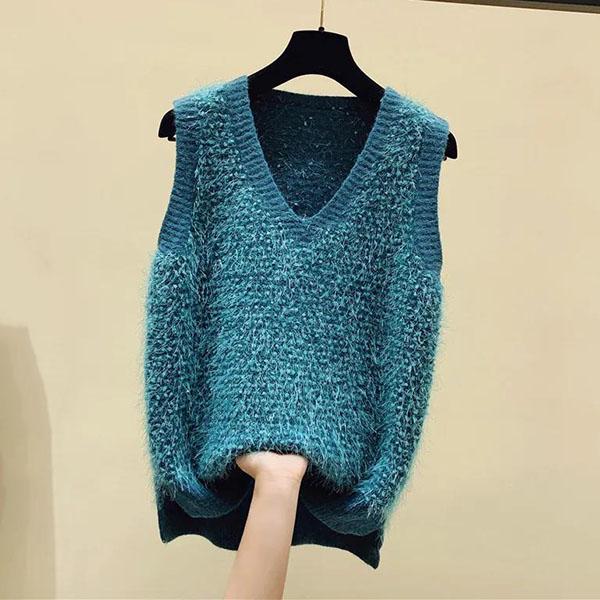 Maglione senza maniche in maglia di seta brillante con scollo a V, elegante, da donna, primavera-autunno