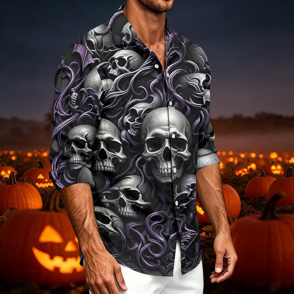 Men's Casual Long Sleeve Shirt with Halloween Print for Spring and Fall