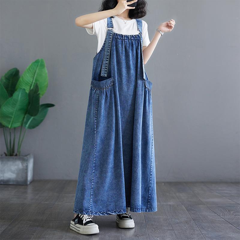 New spring, summer and autumn long dress retro loose and thin denim strap skirt long pendulum dress women's tide