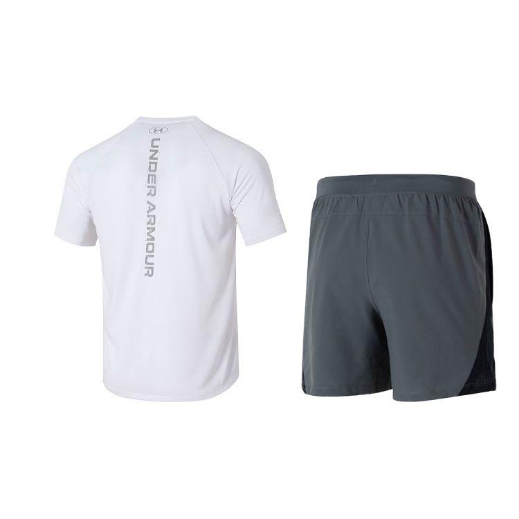 Under Armour Buchstaben-Print Design Fitness-Pullover-T-Shirt und mittelhohe Shorts Lässiges Sportset Herrensets 1377054-100+1361492-012