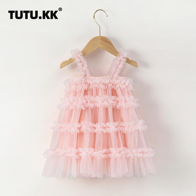 Little Girls Princess Puffy Tulle Strappy Short Sleeve Casual Dress 90cm