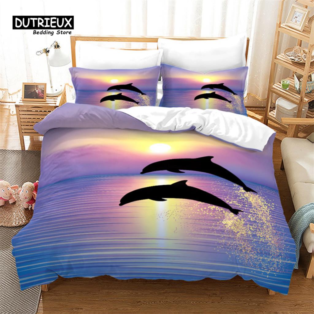 

Jumping Dolphin Duvet Cover Marine Themed Bedding Set King Full Twin For Kids Adults Decor Microfiber Ocean Animals Quilt Cover EU single(135x200cm)