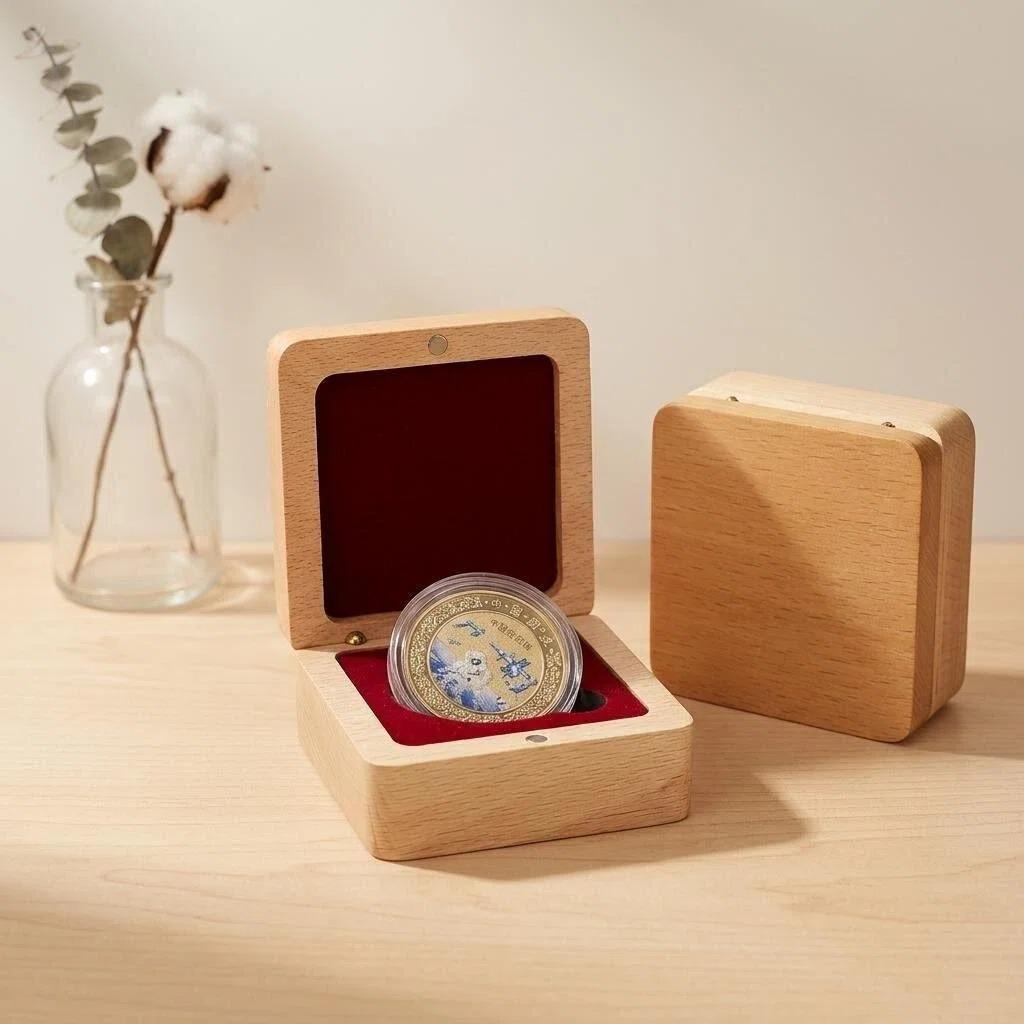 Beech Commemorative Coin & Medal Storage Box - Black & Wine Red Solid Wood