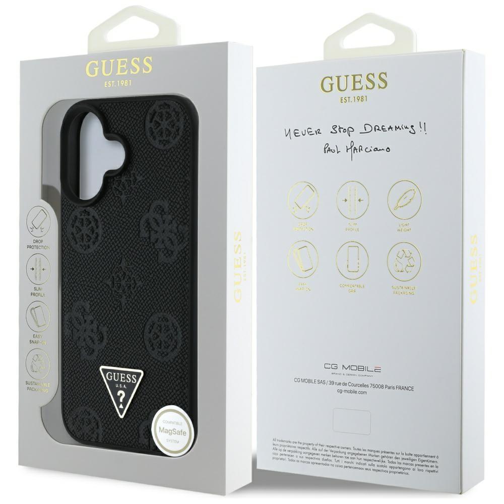 Guess Grained Hot Stamp Peony Triangle Logo MagSafe case for iPhone 16 black