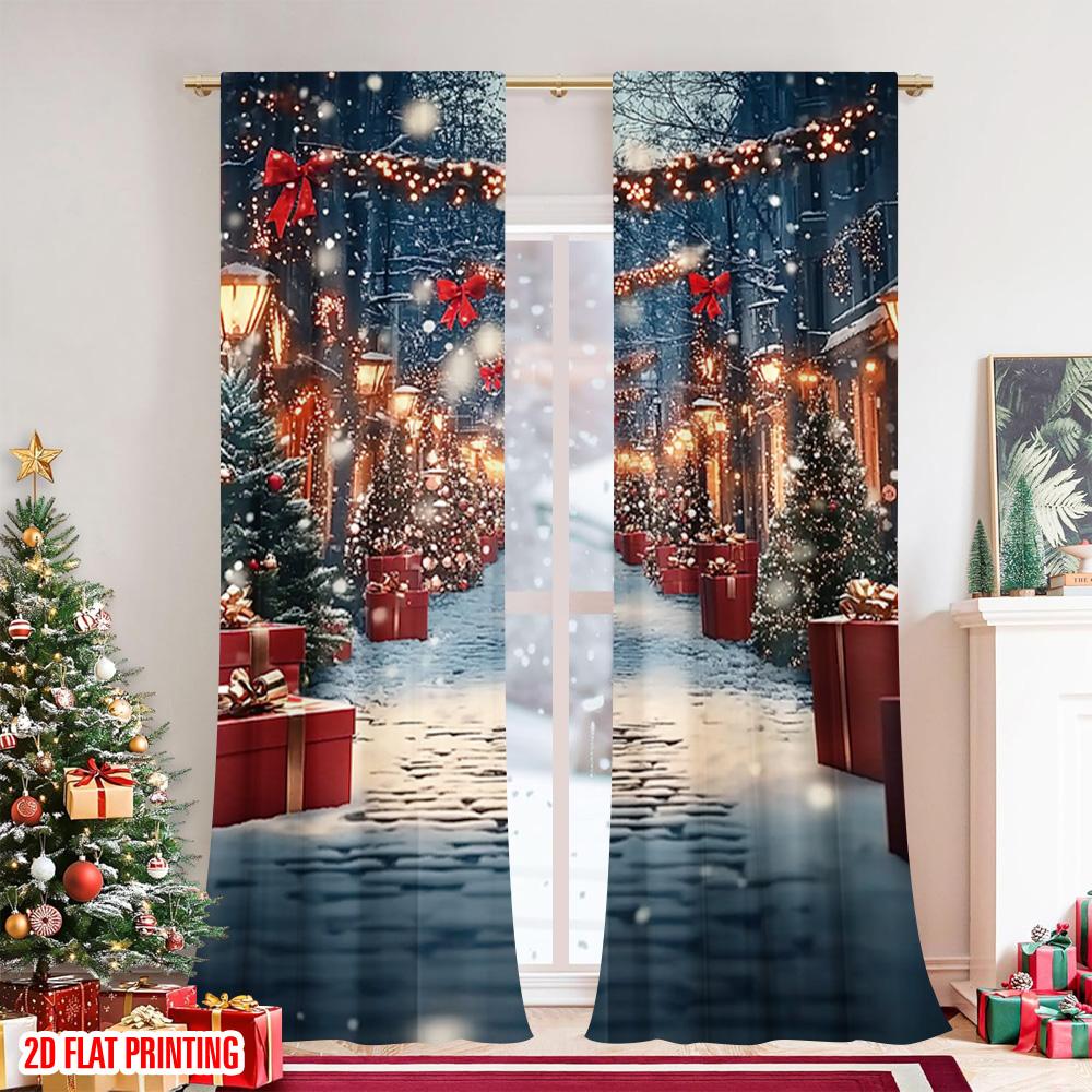 Set Of 2 Flat Printing Merry Christmas Scene Curtains Forest Snow Scenery Polyester Without Electricity Family Curtain