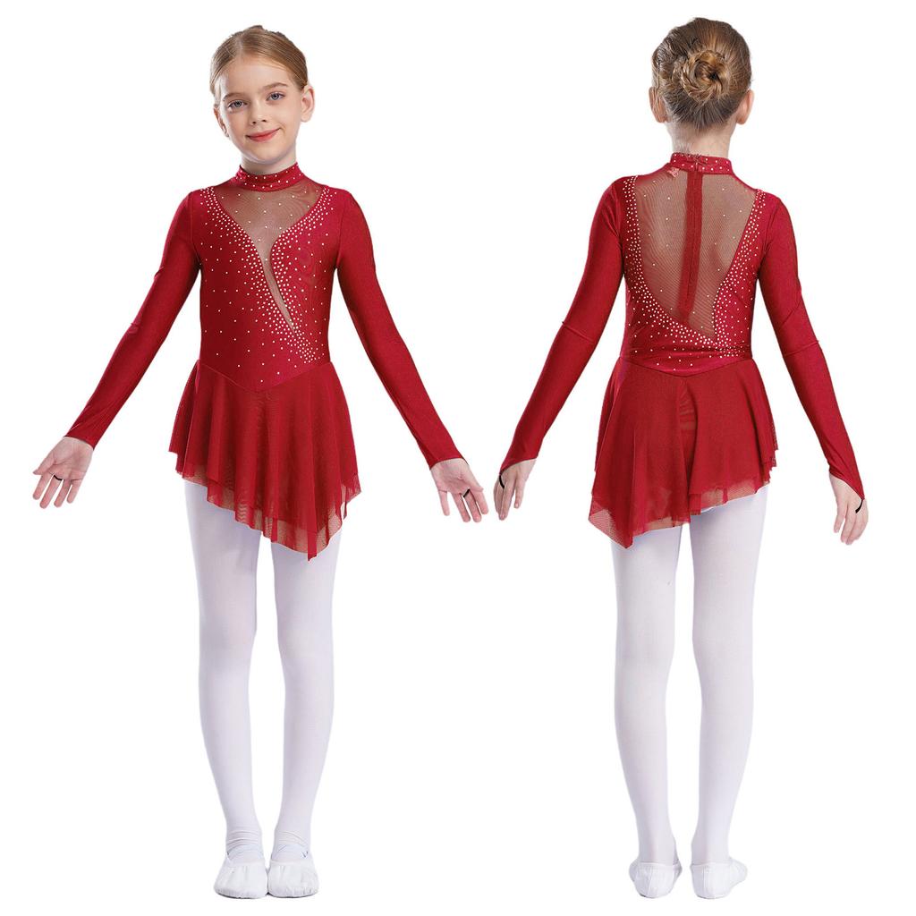 Collant de ginástica para meninas Vestido de patinação no gelo com strass de manga comprida Vestidos de dança com strass