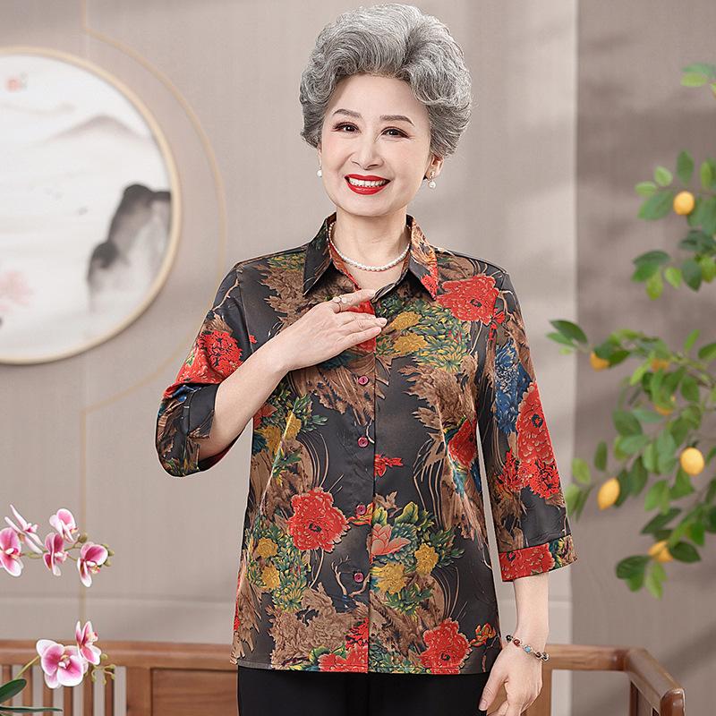 

Luxury Silk Summer Top for Elderly Women with Three-Quarter Sleeves, Ideal for Moms and Grandmas, Ages 70-80 5XL (150-165 lbs) чёрный