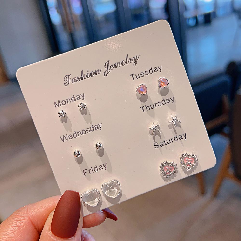 New small fresh one-week stud earrings set 1 pair combination Korean version sweet love bow fairy temperament earrings