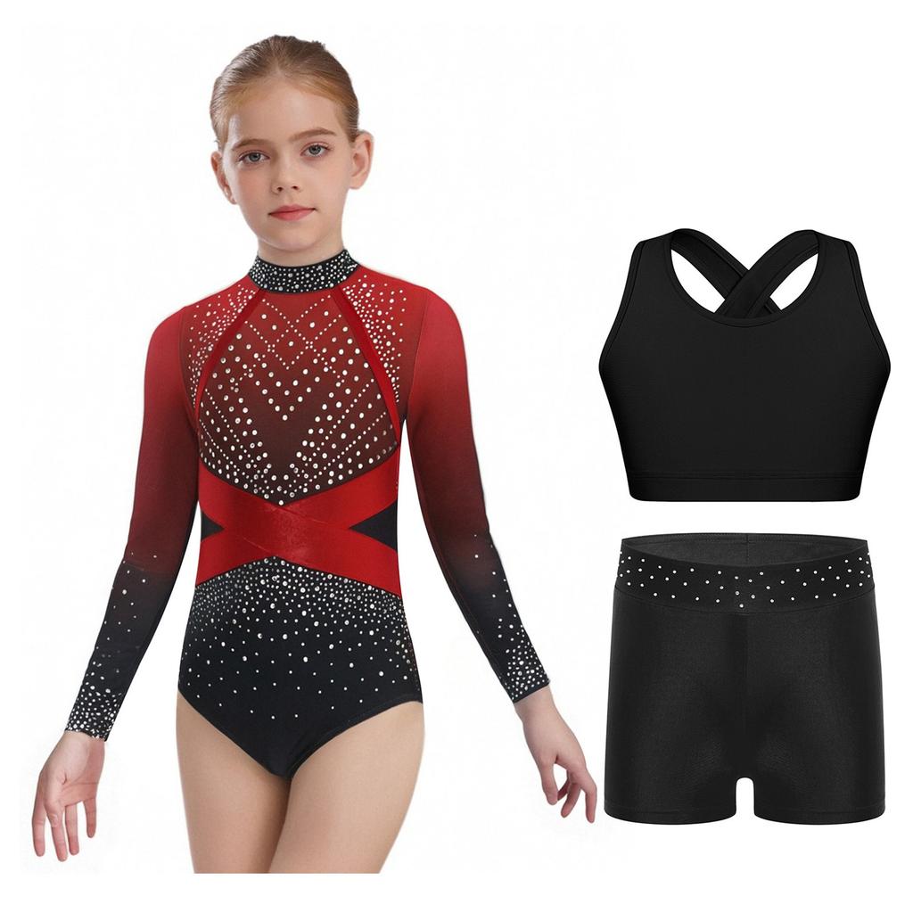 Girls Sparkly Rhinestones Color Block Leotard Long Sleeve Keyhole Back Design Cross Back Vest Shorts Skating Outfit
