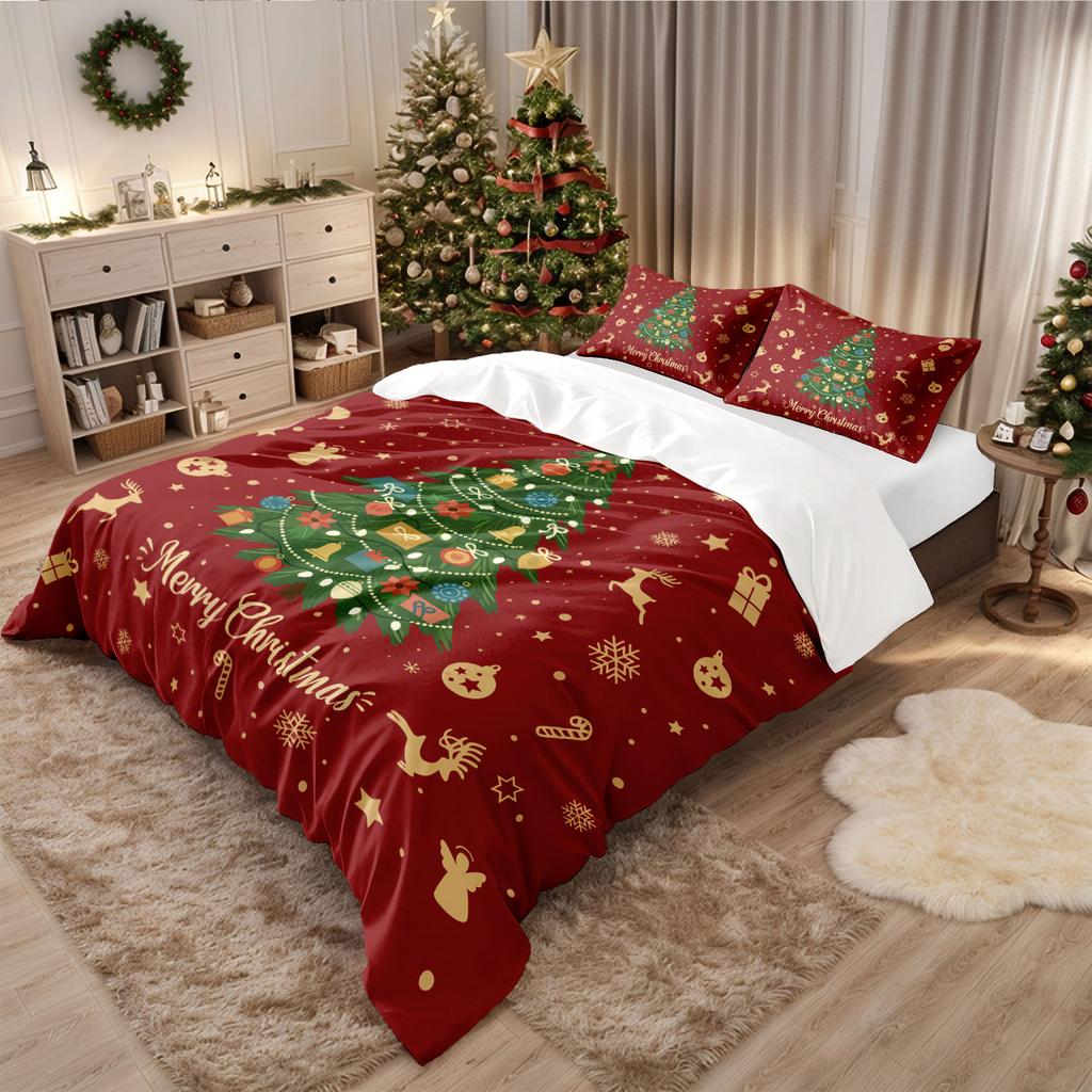 3pcs Christmas Tree Red Printed coreless Bedding Set Bedroom Dormitory 1 Duvet Cover 2 Pillowcases Machine Washabl