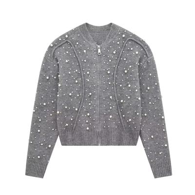 Women's Cardigan Sweaters Pearl Knitted Jackets Knitwear Long Sleeve Jumpers Knit Jackets Gray Woman Sweaters Jacket