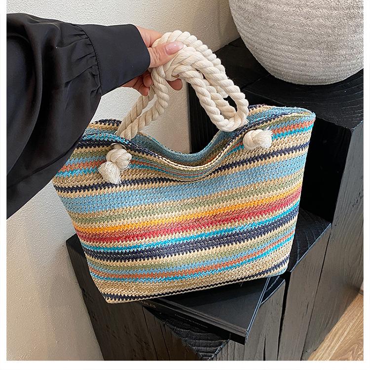 Fashion Rainbow Stripe Women's Bag Contrast Color Stripe Shoulder Bag Women's 2025 New Woven Tote Bag Large Capacity Handbag