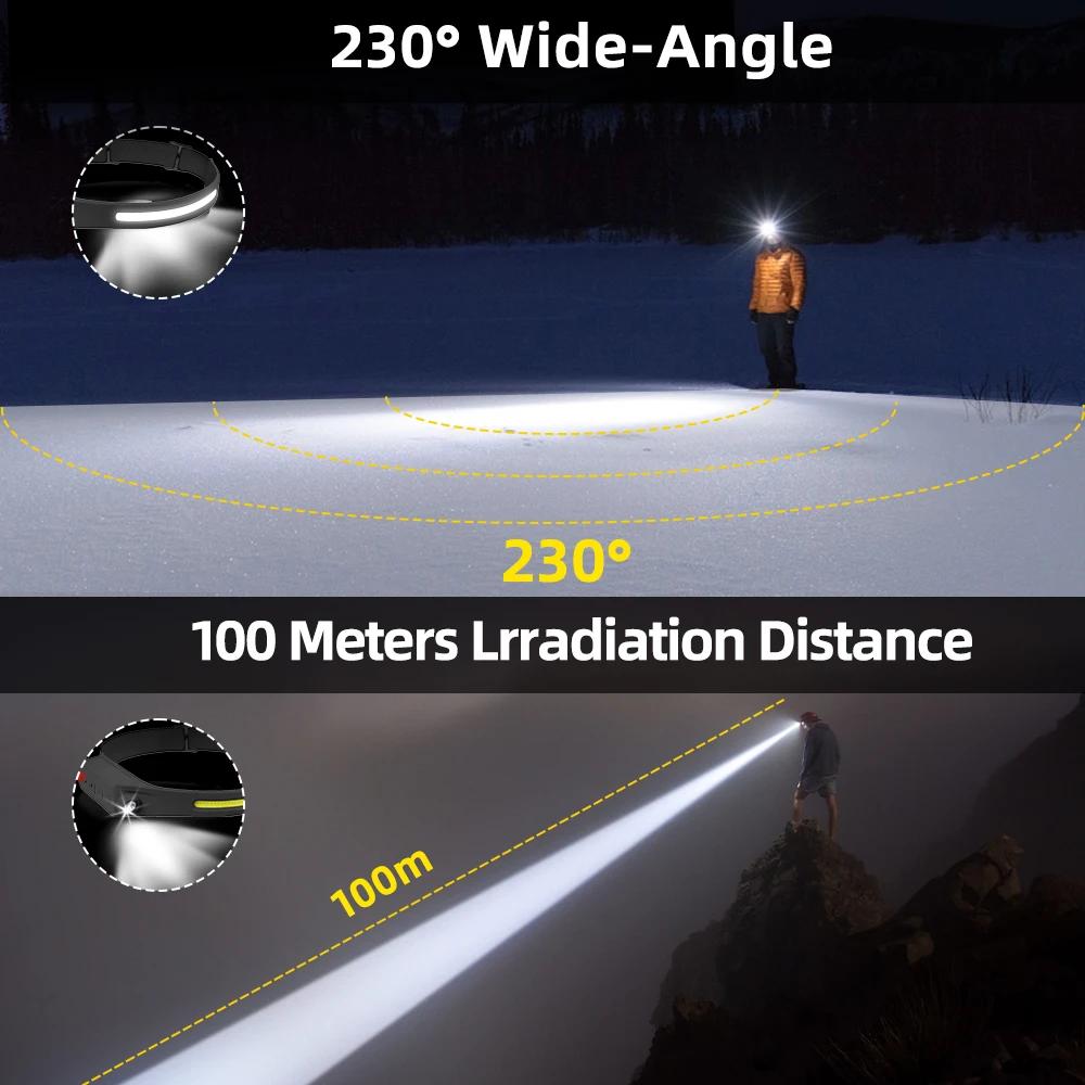 Sensor LED Headlamp Rechargeable COB Floodlight Flashlight 5 Lighting Modes Head Torch for Fishing Camping, Work Practical Gift