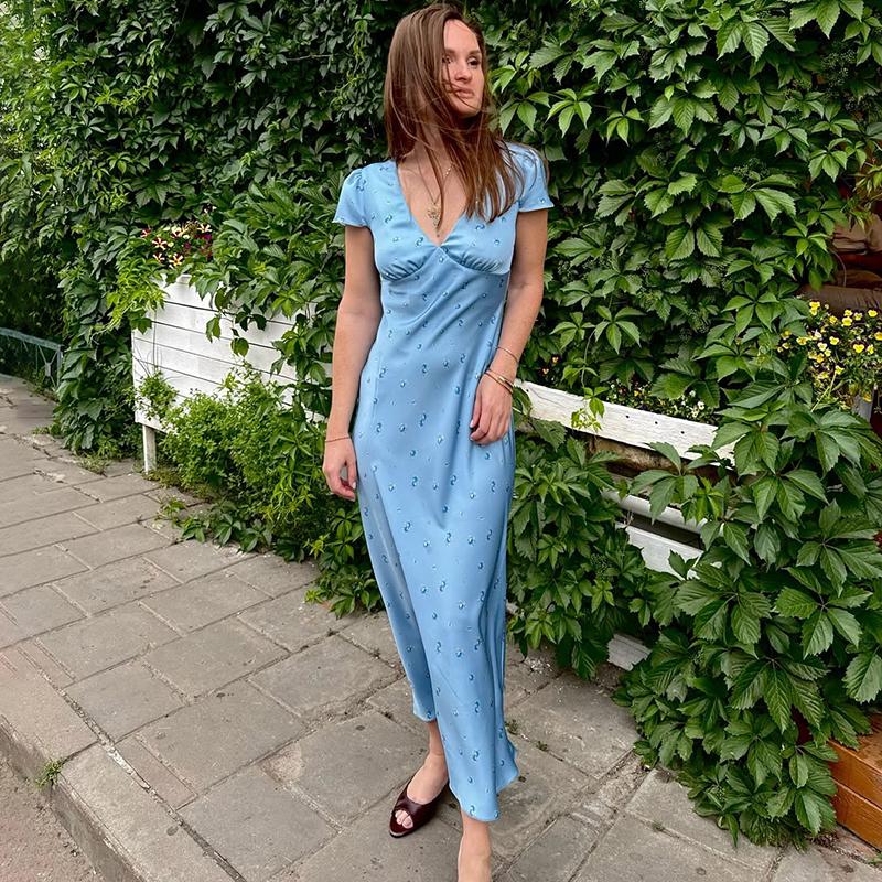 Floral Print Long Dress Women's Sexy V Neck Short Sleeve High Waist Dress Female Fashion Casual Vacation Slim Dresses