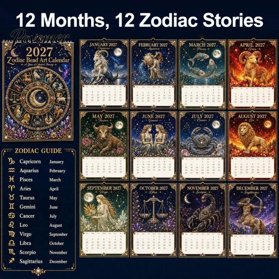 Constellation Themed Craft Kit 2027 Twelve Zodiac Bead Art Calendar Kit, DIY Faux Diamond Painting Wall Hanging Handmade Monthly Planner Calendar,