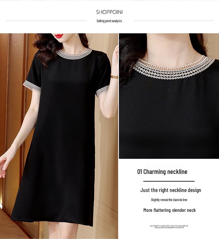 Elegant Plus Size Silk Midi Dress – Short Sleeve Round Neck for Stylish Mothers