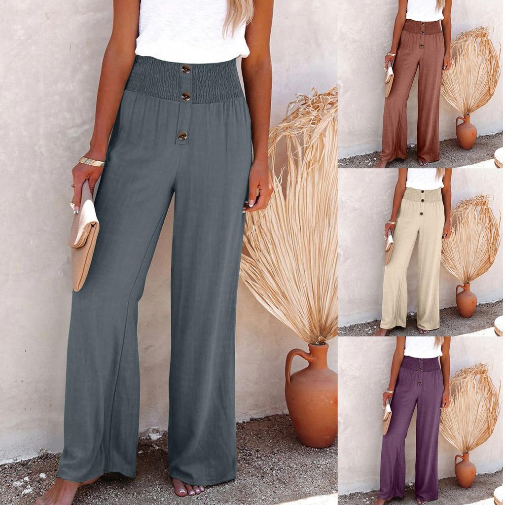 Women's Solid High Waist Loose Long Wide Leg Pants Button Trim Elasticated Casual Pants