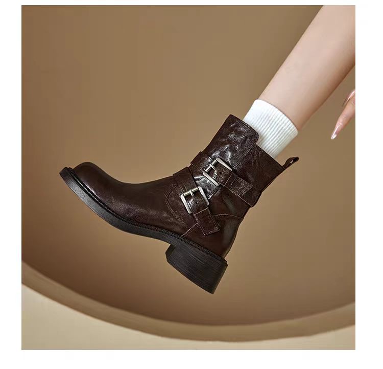 

Осень и Зима Средний Каблук Голенище Кожаные Ботинки Мартин Женские Круглый Носок Квадратный Каблук Универсальный Большой Размер Женские Ботинки Женские Низкие Ботинки 40 коричневый