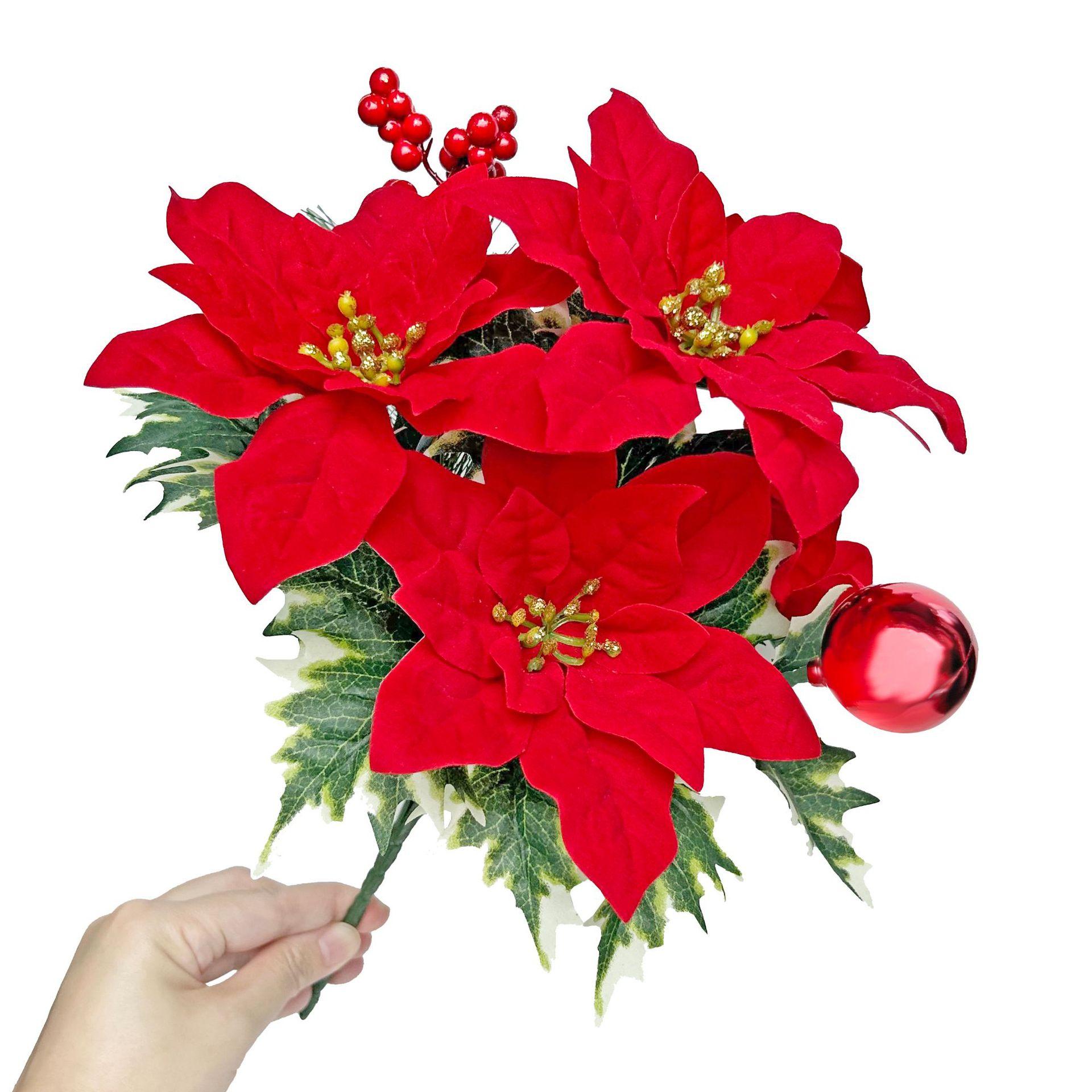 

1-3PCS Christmas simulation bouquet poinsettia flannel flower head pine needle Christmas ball Christmas decoration Christmas red