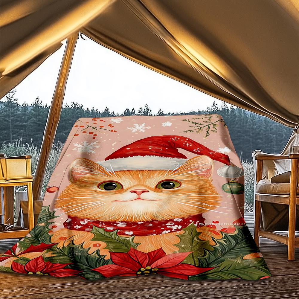 1pc Christmas Cat Decorations Outdoor Flannel Blanket , Machine Washable Perfect Gift for Birthday , Holiday Travel Accessory , Durable Material