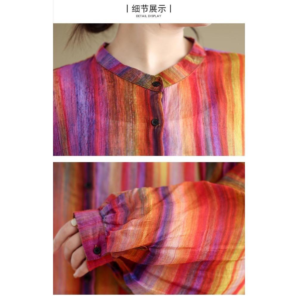 Spring Autumn New Round Neck Long Sleeve Fashion Shirt Women Casual Striped Patchwork Button Cardigan Elegant Cotton Hemp Tops
