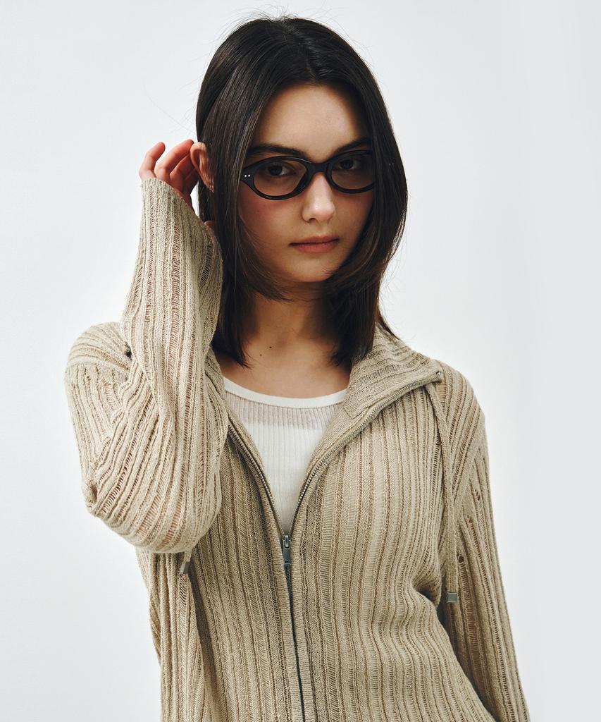Mongdol Sheer Texture Knit Zip-Up Cardigan Beige Mdcd055Beige