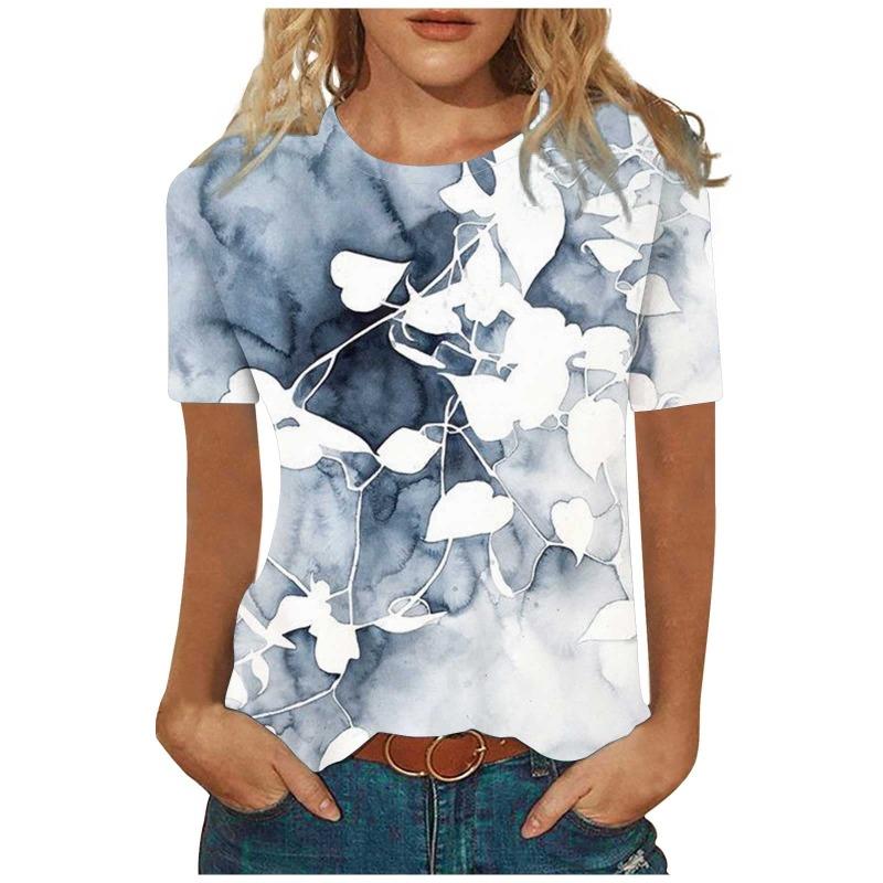 Damen Sommer Rundhals Elegantes T-Shirt Atmungsaktiv Kurzarm Schmetterlingsmuster Top Locker Lässig Damen T-Shirt