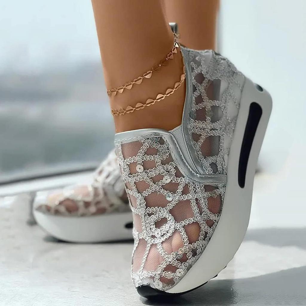 Women's Lace Embroidered Sequins Flat Elevator Shoes for Casual Wear