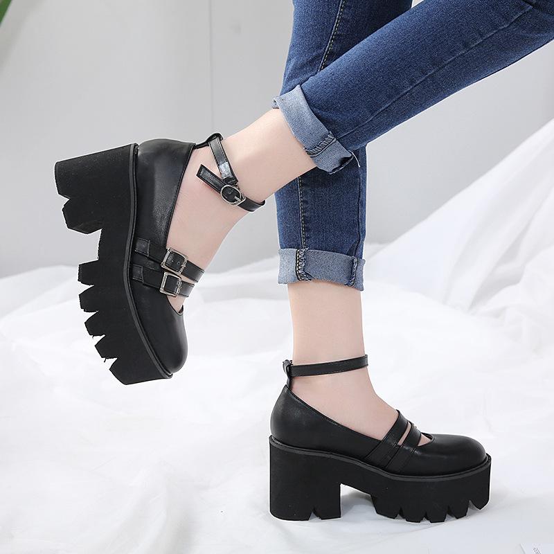 Womens Pump Gothic Shoes Ankle Strap High Chunky Heels Platform Punk Creepers Shoes Female Fashion Buckle Comfortablede39