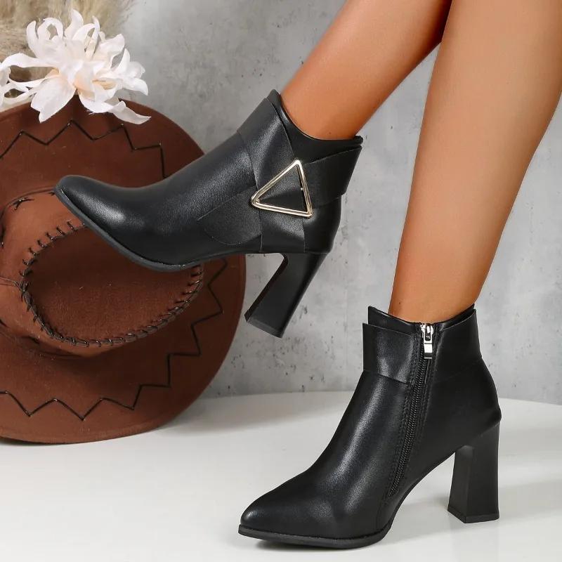 Fashion Block Heel High Heel Boots Women Spring and Autumn New Side Zipper Metal Buckle Fashion Versatile Booties